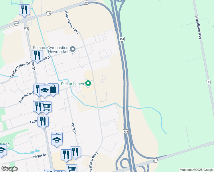map of restaurants, bars, coffee shops, grocery stores, and more near 285 Harry Walker Parkway North in Newmarket