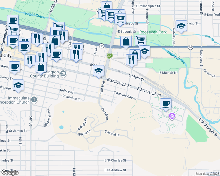map of restaurants, bars, coffee shops, grocery stores, and more near 18 East Kansas City Street in Rapid City