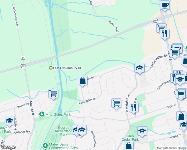 map of restaurants, bars, coffee shops, grocery stores, and more near 492 Traviss Drive in Newmarket