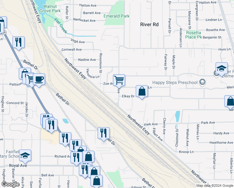 map of restaurants, bars, coffee shops, grocery stores, and more near 1708 Elkay Drive in Eugene