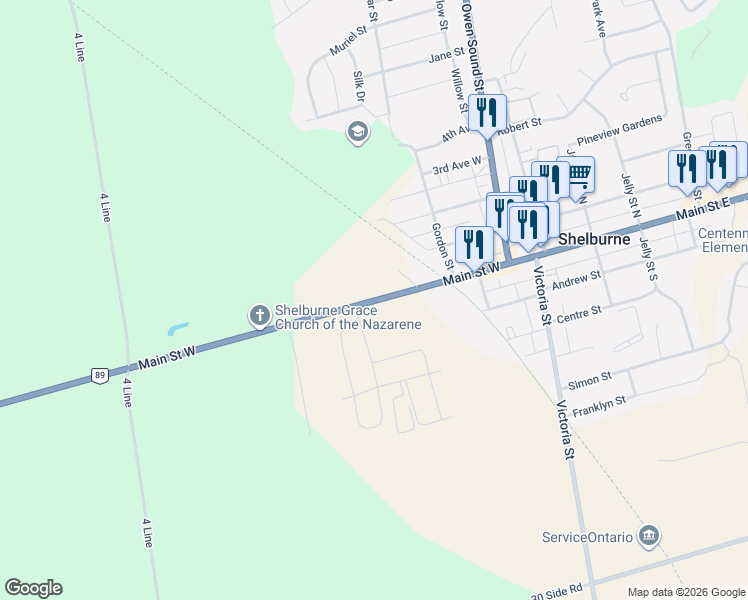 map of restaurants, bars, coffee shops, grocery stores, and more near 416 Main Street West in Shelburne