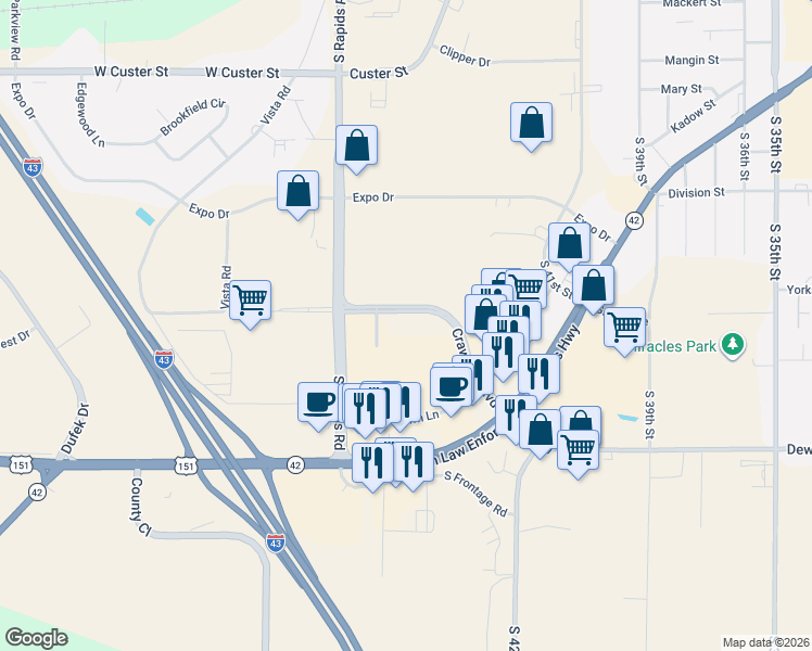 map of restaurants, bars, coffee shops, grocery stores, and more near 4401 Dewey Street in Manitowoc