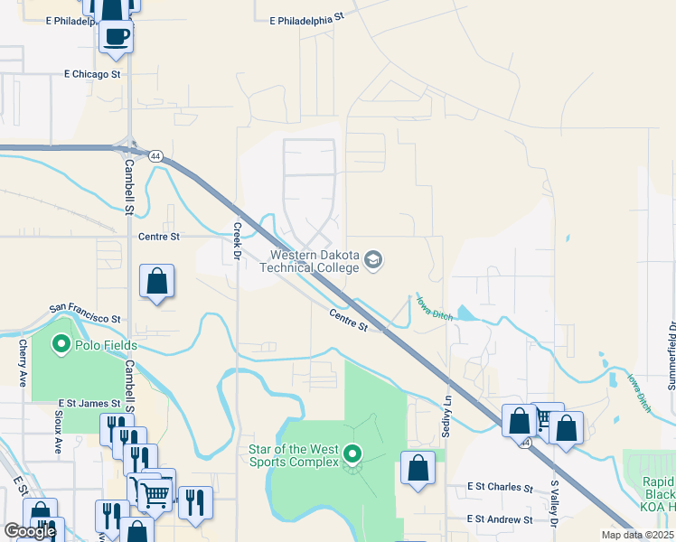map of restaurants, bars, coffee shops, grocery stores, and more near 1804 South Dakota 44 in Rapid City