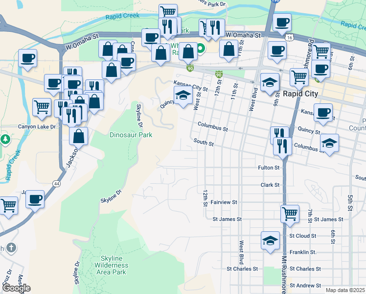 map of restaurants, bars, coffee shops, grocery stores, and more near 943 Stahl Court in Rapid City