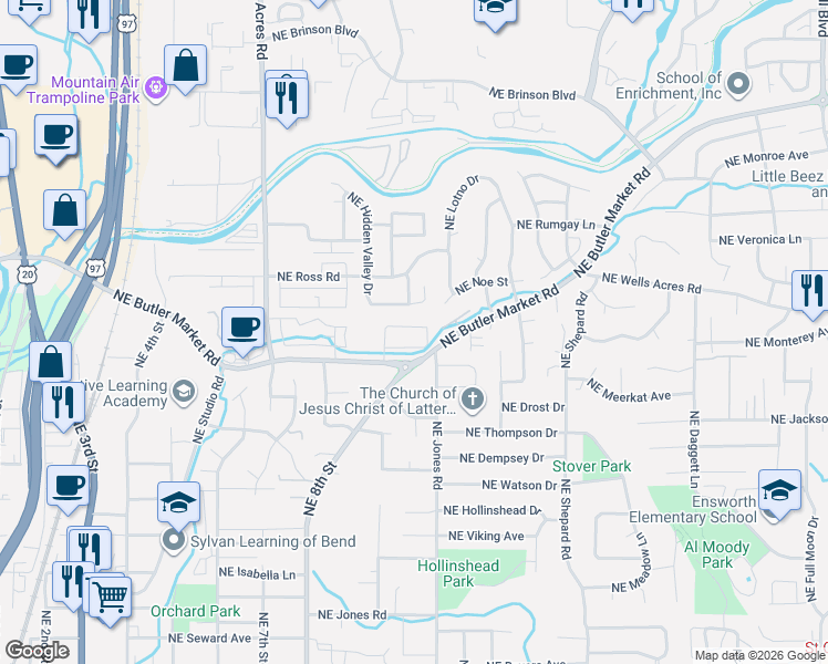 map of restaurants, bars, coffee shops, grocery stores, and more near 1027 Northeast Hidden Valley Drive in Bend