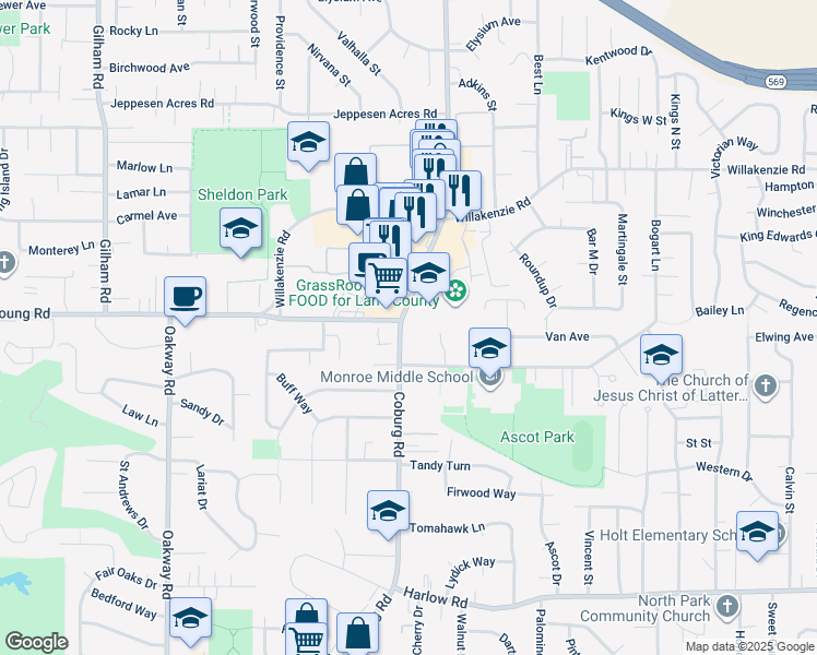 map of restaurants, bars, coffee shops, grocery stores, and more near 1381 Coburg Road in Eugene