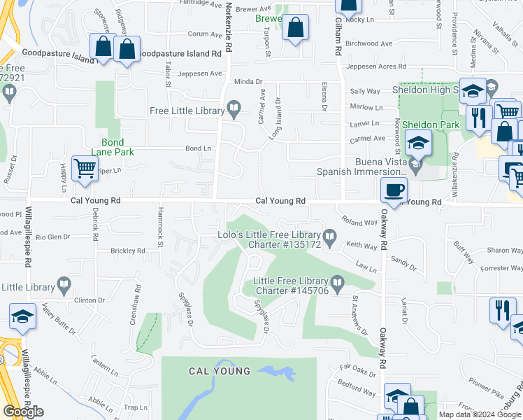 map of restaurants, bars, coffee shops, grocery stores, and more near 1794 Cal Young Road in Eugene