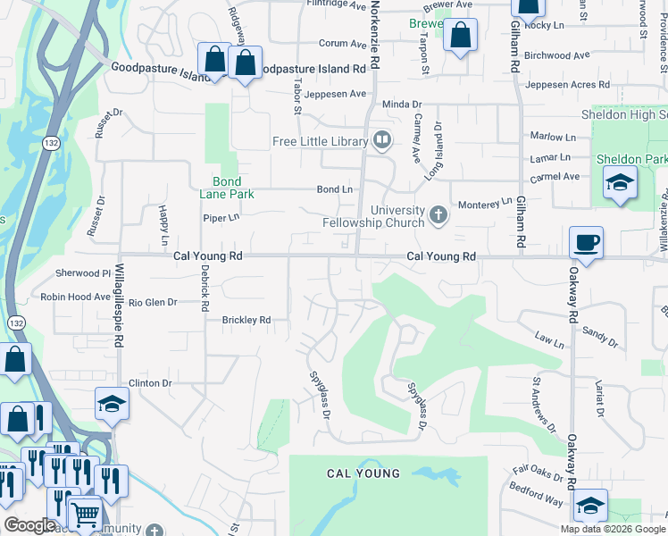 map of restaurants, bars, coffee shops, grocery stores, and more near 1381 Spyglass Drive in Eugene
