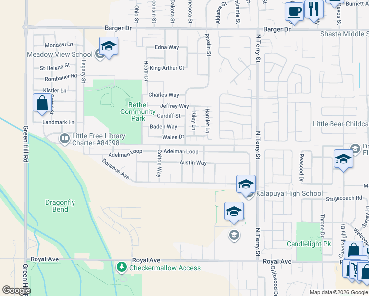 map of restaurants, bars, coffee shops, grocery stores, and more near 5428 Wales Drive in Eugene
