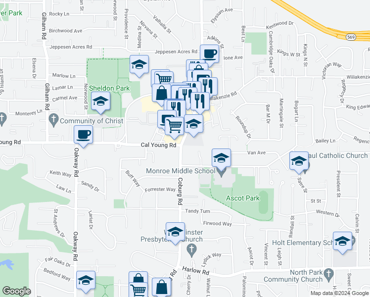 map of restaurants, bars, coffee shops, grocery stores, and more near 1381 Coburg Road in Eugene