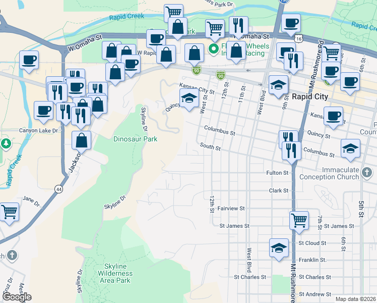 map of restaurants, bars, coffee shops, grocery stores, and more near 943 Stahl Court in Rapid City