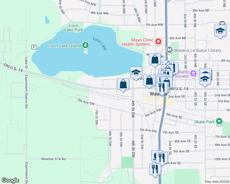 map of restaurants, bars, coffee shops, grocery stores, and more near 601 West Elm Avenue in Waseca