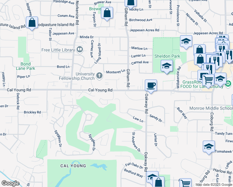 map of restaurants, bars, coffee shops, grocery stores, and more near 2034 Cal Young Road in Eugene
