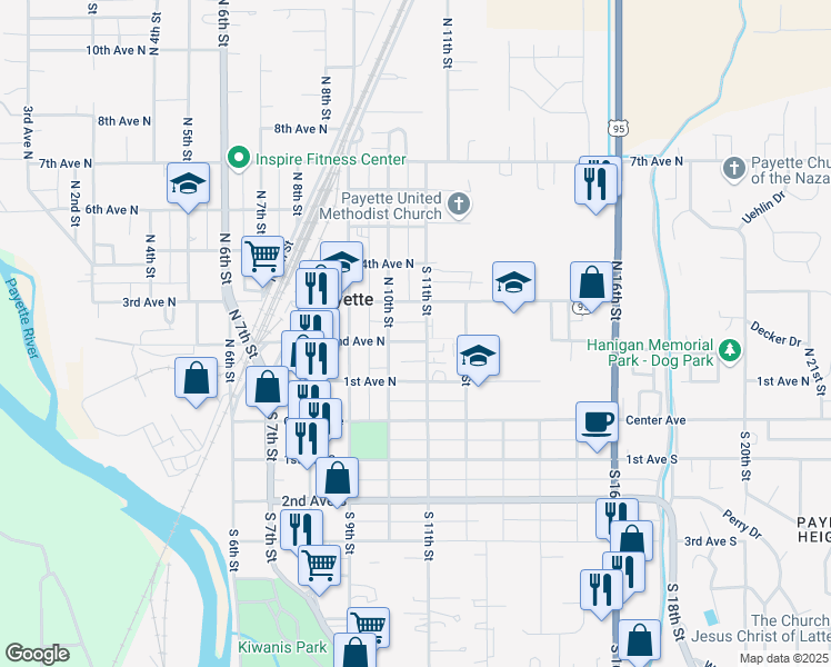 map of restaurants, bars, coffee shops, grocery stores, and more near 1035 2nd Avenue North in Payette