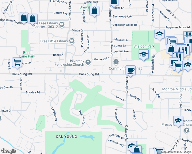 map of restaurants, bars, coffee shops, grocery stores, and more near 1804 Cal Young Road in Eugene
