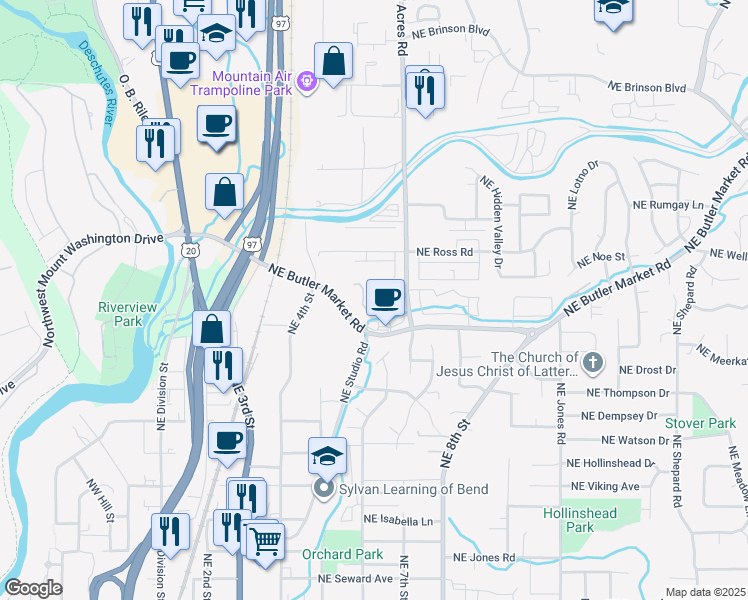 map of restaurants, bars, coffee shops, grocery stores, and more near 2755 Northeast Boyd Acres Road in Bend