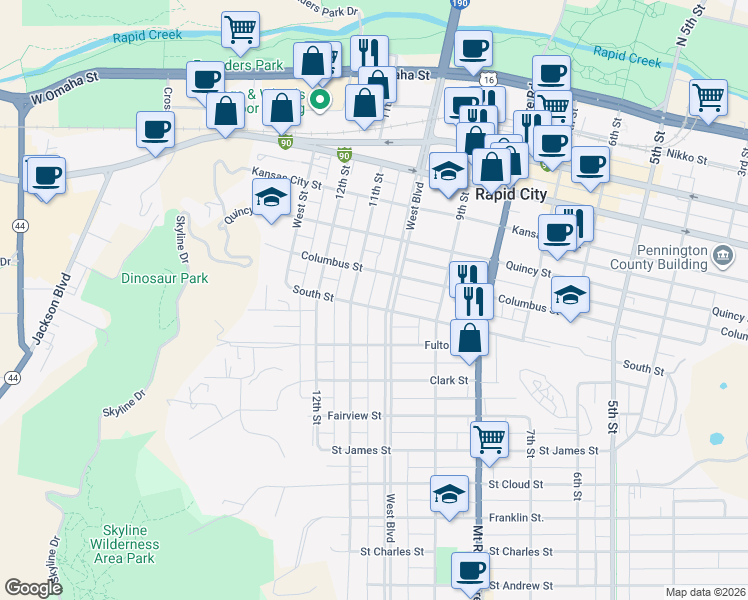 map of restaurants, bars, coffee shops, grocery stores, and more near 924 11th Street in Rapid City