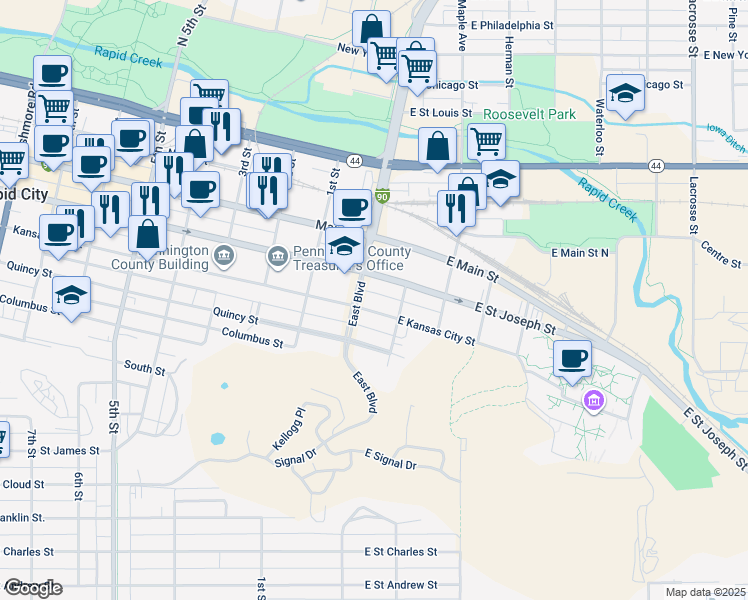 map of restaurants, bars, coffee shops, grocery stores, and more near 19 East Saint Joseph Street in Rapid City