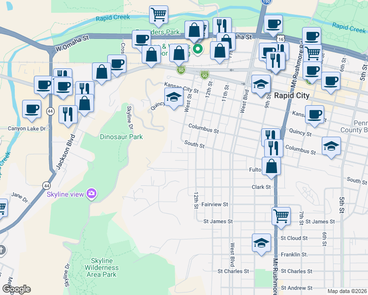 map of restaurants, bars, coffee shops, grocery stores, and more near 1219 South Street in Rapid City