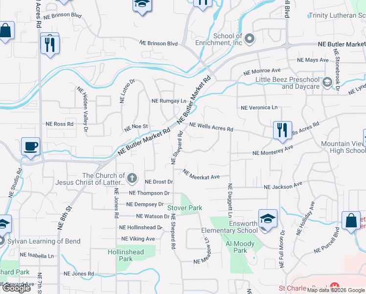 map of restaurants, bars, coffee shops, grocery stores, and more near 2807 Northeast Woodridge Court in Bend