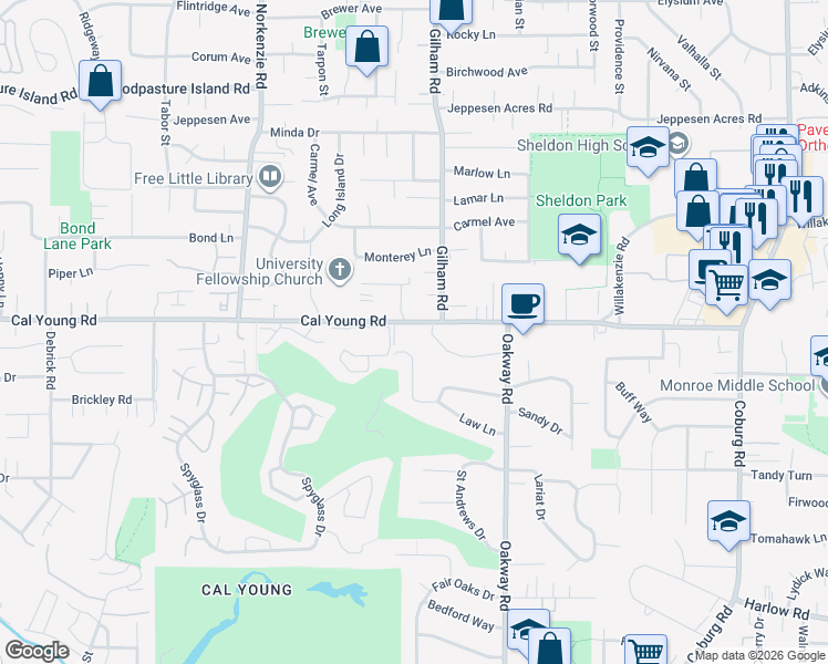 map of restaurants, bars, coffee shops, grocery stores, and more near 2034 Cal Young Road in Eugene