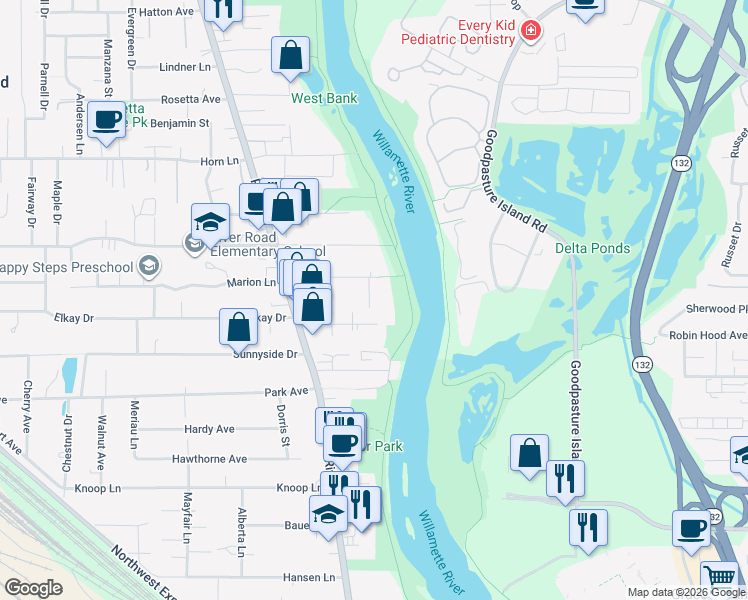 map of restaurants, bars, coffee shops, grocery stores, and more near 164 Oakleigh Lane in Eugene
