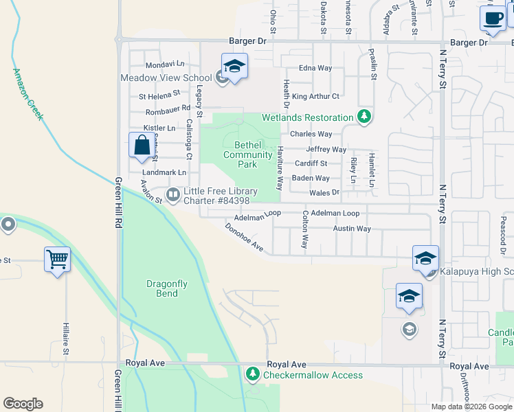 map of restaurants, bars, coffee shops, grocery stores, and more near 5719 Avalon Street in Eugene