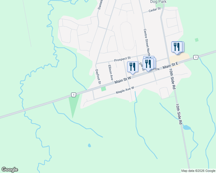 map of restaurants, bars, coffee shops, grocery stores, and more near 137 Main Street West in New Tecumseth