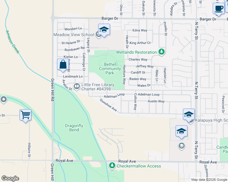 map of restaurants, bars, coffee shops, grocery stores, and more near 5719 Avalon Street in Eugene