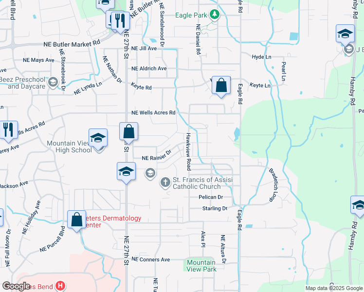 map of restaurants, bars, coffee shops, grocery stores, and more near 2895 Northeast Rainier Drive in Bend
