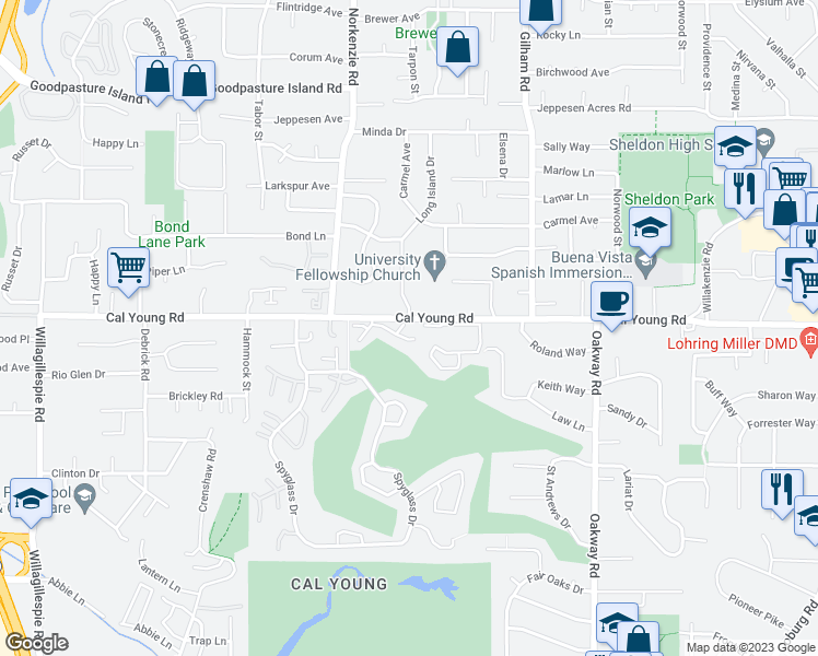 map of restaurants, bars, coffee shops, grocery stores, and more near 1794 Cal Young Road in Eugene
