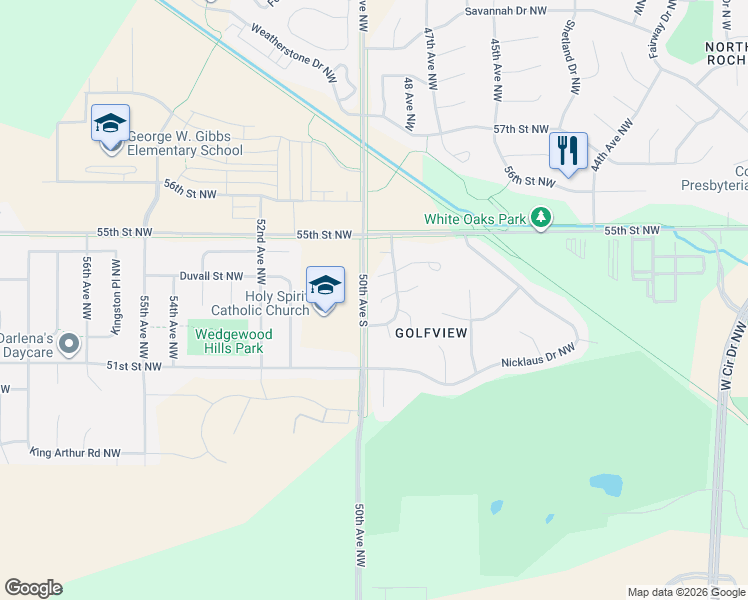 map of restaurants, bars, coffee shops, grocery stores, and more near 4915 Scattered Pines Lane Northwest in Rochester