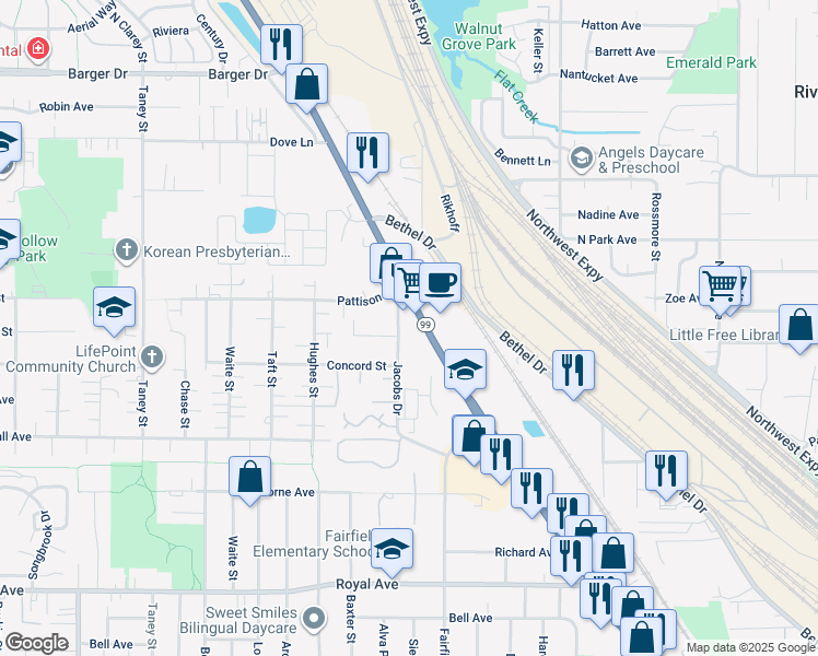 map of restaurants, bars, coffee shops, grocery stores, and more near 1510 Oregon 99 in Eugene