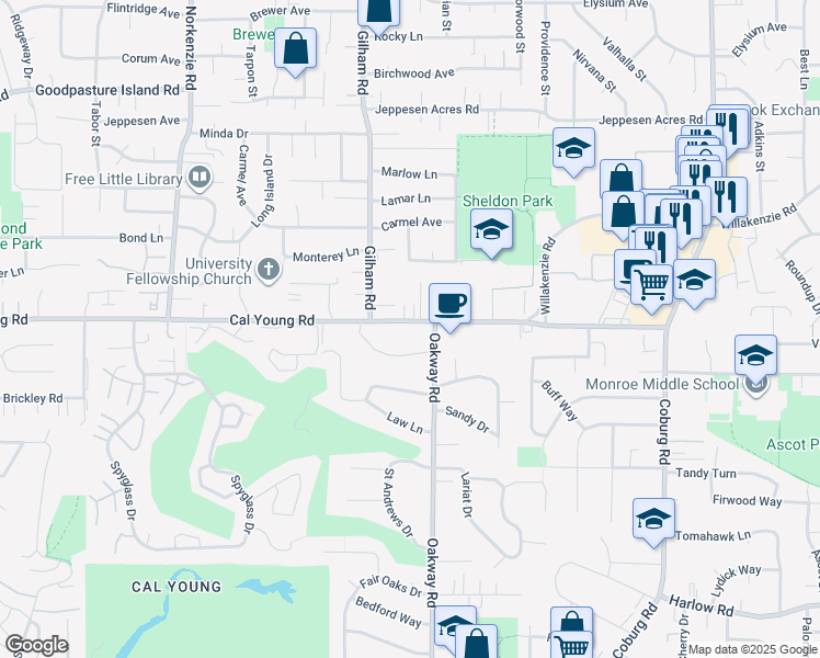 map of restaurants, bars, coffee shops, grocery stores, and more near 2176 Cal Young Road in Eugene