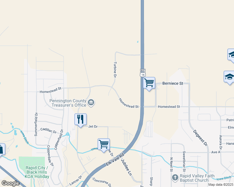 map of restaurants, bars, coffee shops, grocery stores, and more near Homestead Street in Rapid City