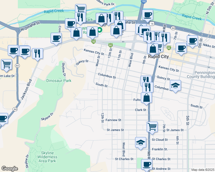 map of restaurants, bars, coffee shops, grocery stores, and more near 1118 South Street in Rapid City