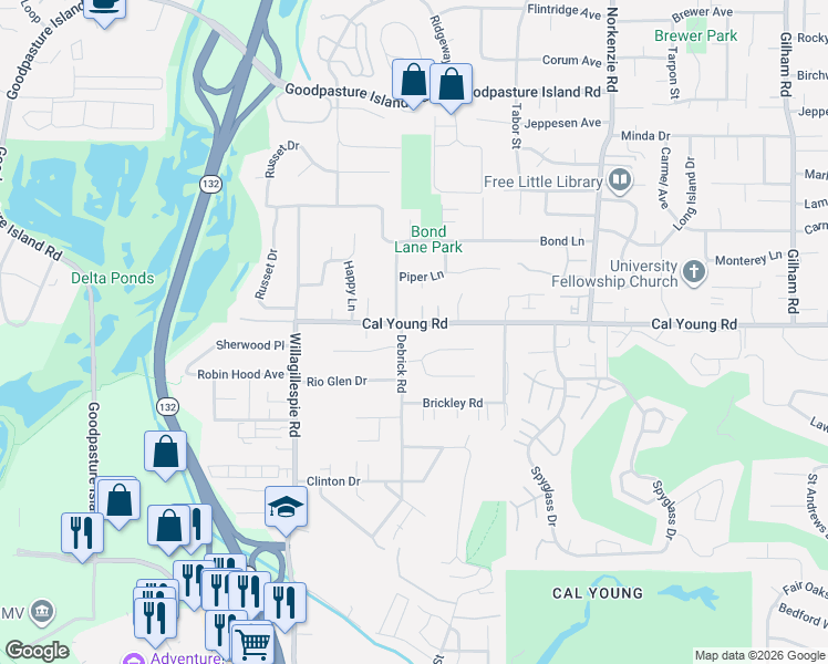 map of restaurants, bars, coffee shops, grocery stores, and more near 1236 Cal Young Road in Eugene