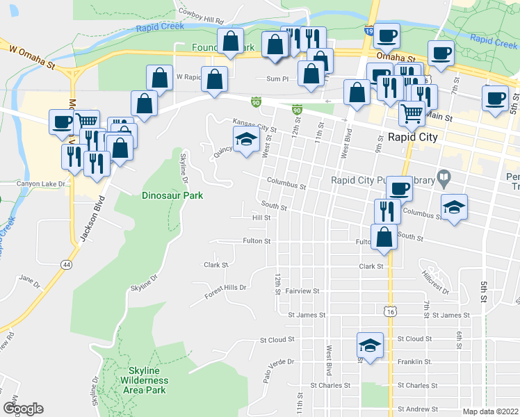 map of restaurants, bars, coffee shops, grocery stores, and more near 1219 South Street in Rapid City