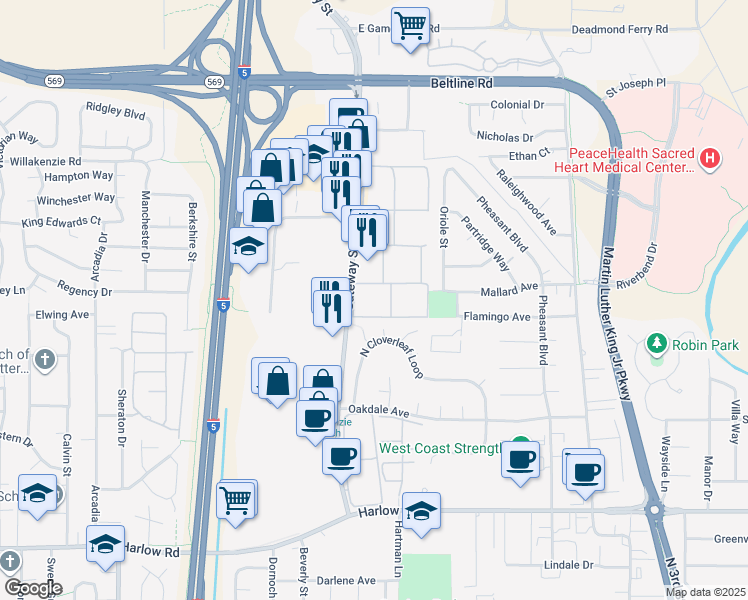 map of restaurants, bars, coffee shops, grocery stores, and more near 3033 Gateway Street in Springfield