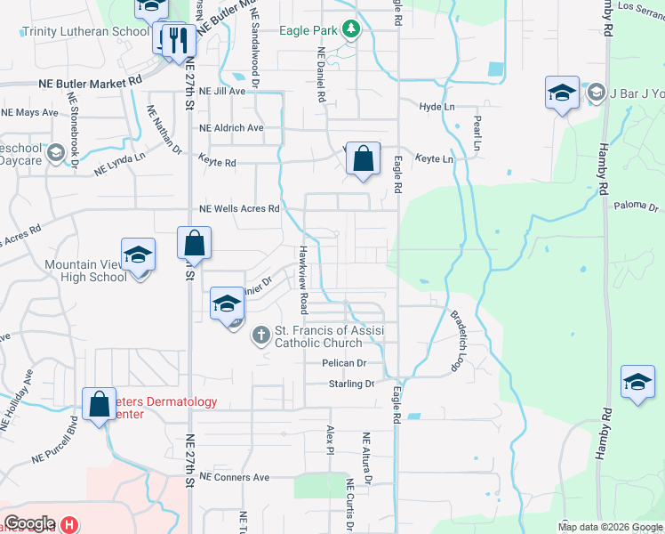map of restaurants, bars, coffee shops, grocery stores, and more near 2727 Northeast Great Horned Place in Bend