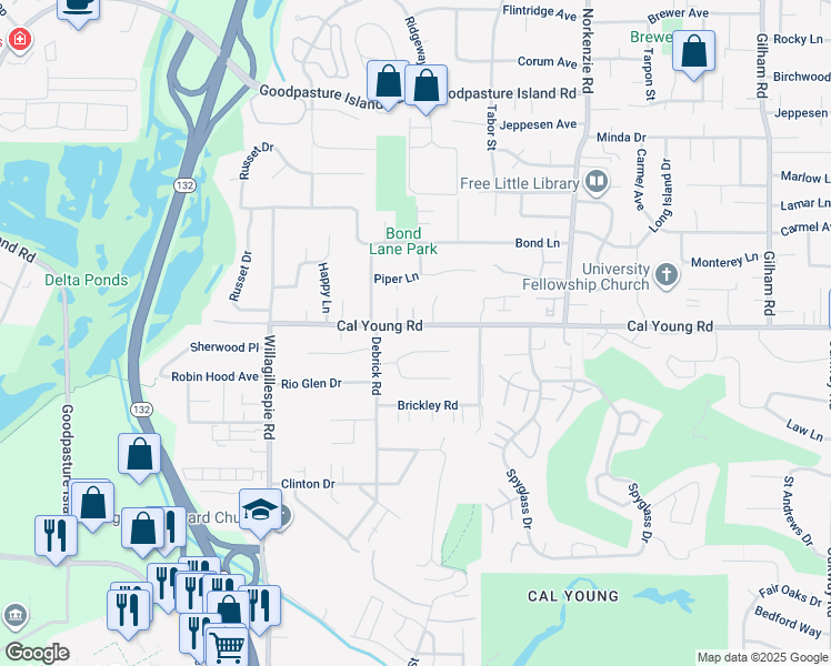 map of restaurants, bars, coffee shops, grocery stores, and more near 1272 Cal Young Road in Eugene