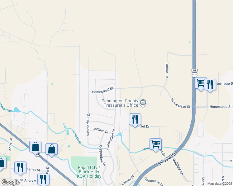 map of restaurants, bars, coffee shops, grocery stores, and more near 713 Copperfield Drive in Rapid City