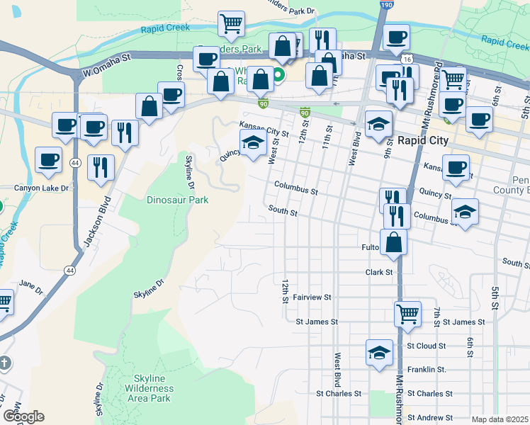 map of restaurants, bars, coffee shops, grocery stores, and more near 1219 South Street in Rapid City