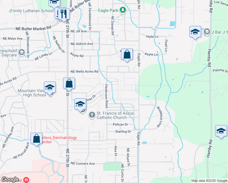 map of restaurants, bars, coffee shops, grocery stores, and more near 2727 Northeast Great Horned Place in Bend