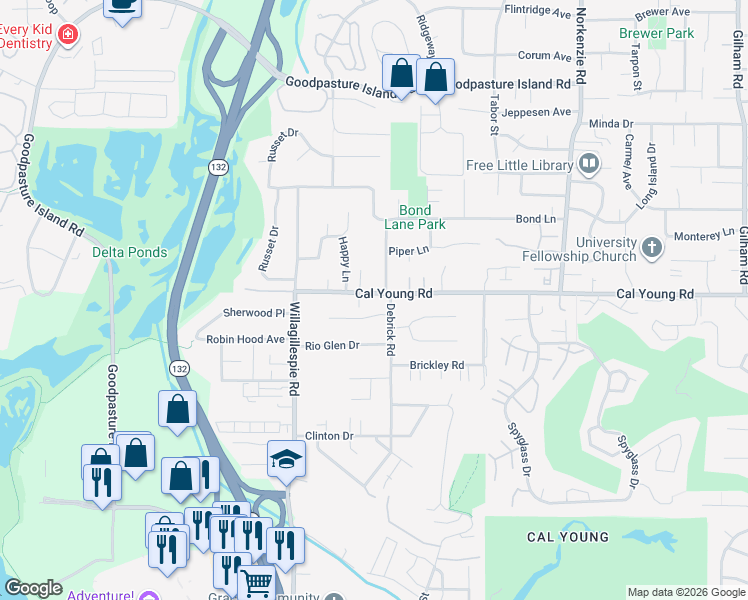 map of restaurants, bars, coffee shops, grocery stores, and more near 1156 Cal Young Road in Eugene