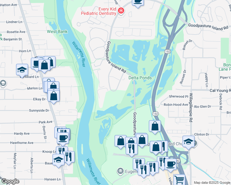 map of restaurants, bars, coffee shops, grocery stores, and more near 456 Alexander Loop in Eugene