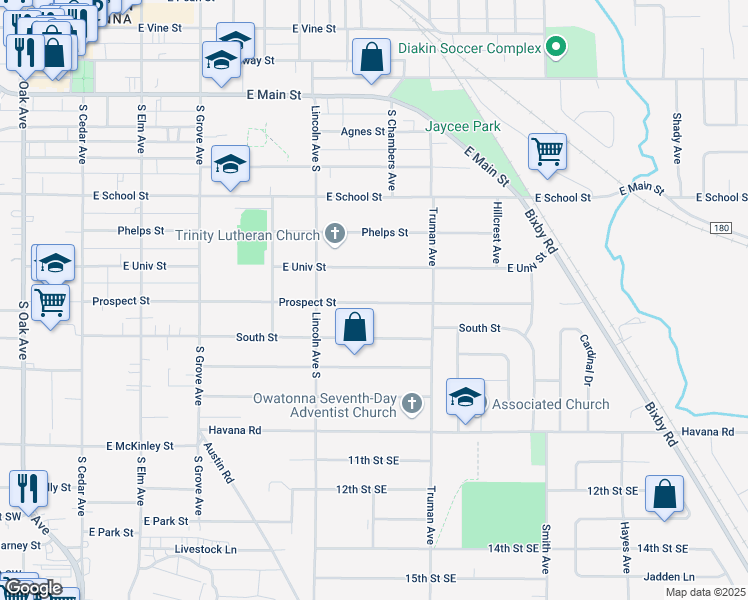 map of restaurants, bars, coffee shops, grocery stores, and more near 568 Prospect Street in Owatonna