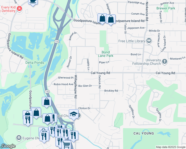 map of restaurants, bars, coffee shops, grocery stores, and more near 1156 Cal Young Road in Eugene