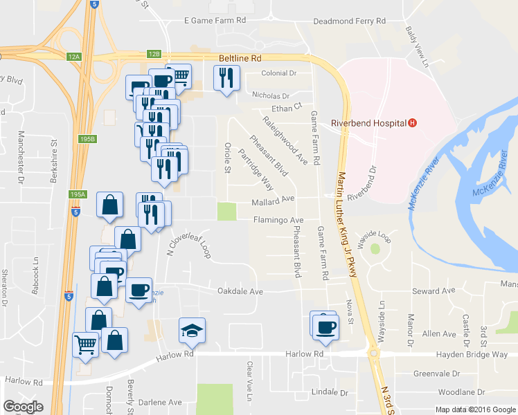 map of restaurants, bars, coffee shops, grocery stores, and more near 615 Mallard Avenue in Springfield