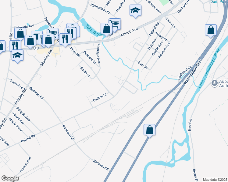 map of restaurants, bars, coffee shops, grocery stores, and more near 194 Pride Road in Auburn